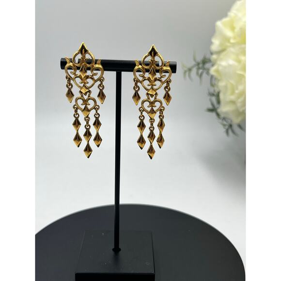 Monet Vintage High Shine Gold Plated Gold Chandelier Dangles Pierced Earrings - Picture 3 of 10